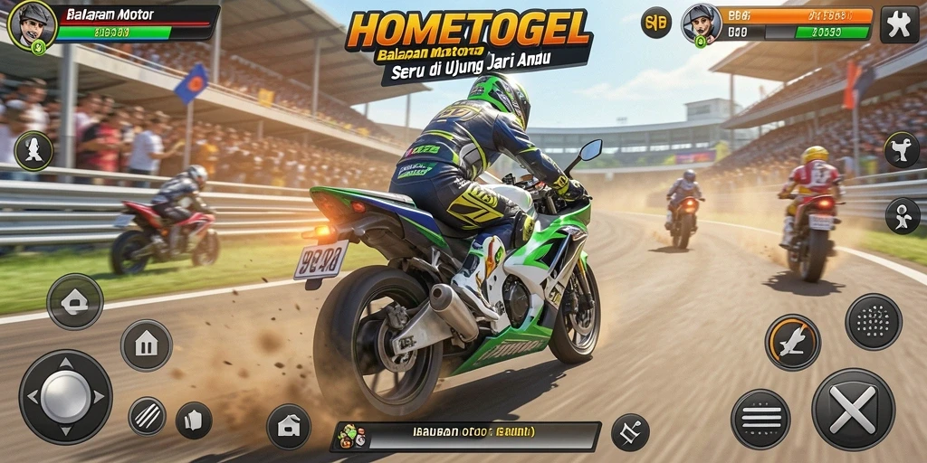 Gameplay HOMETOGEL menampilkan balapan motor yang seru dan adrenalin tinggi.